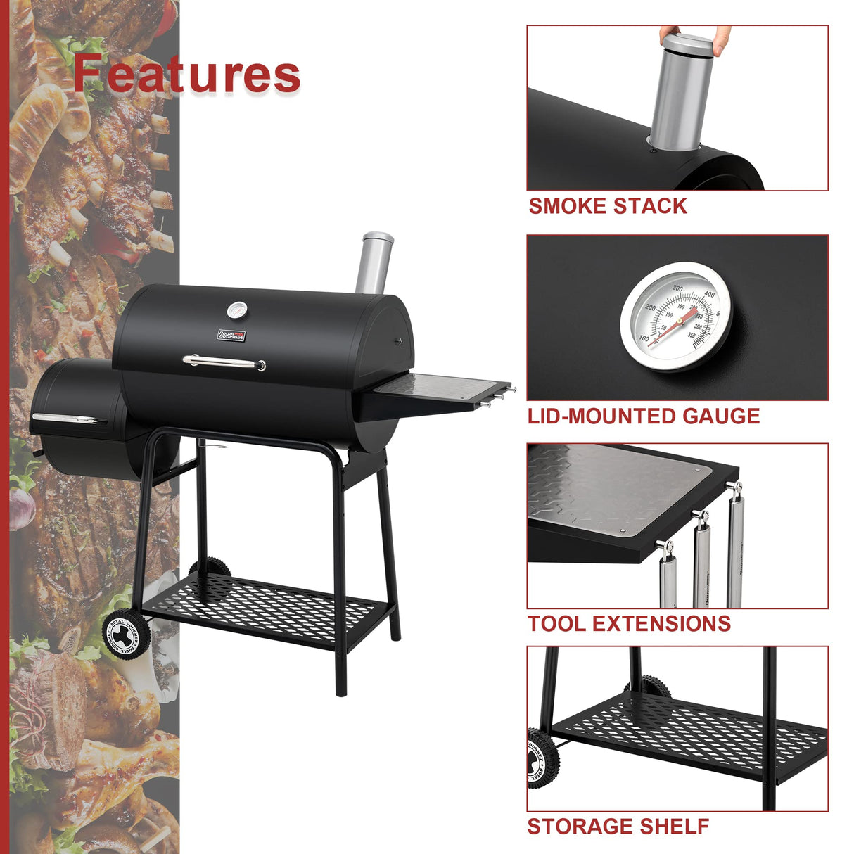 Royal Gourmet CC1830M 30-Inch Barrel Charcoal Grill with Offset Smoker & Warming Rack, Outdoor BBQ Grill with 811 Sq. In. Cooking Space for Backyard, Patio and Parties, Black Royal Gourmet