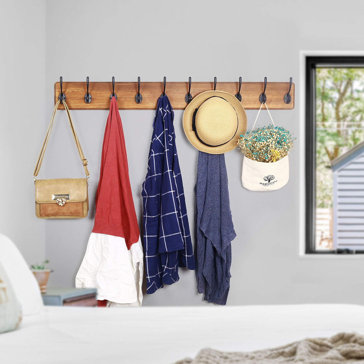 WEBI Rustic Coat Rack Wall Mount,10 Hooks,38 9/16" Long Coat Hooks Wall Mounted,16’’ Hole to Hole,Wood Coat Hanger Wall,Hook Rack Hooks for Hanging Coats,Jacket,Clothes,Hats,Brown WEBI