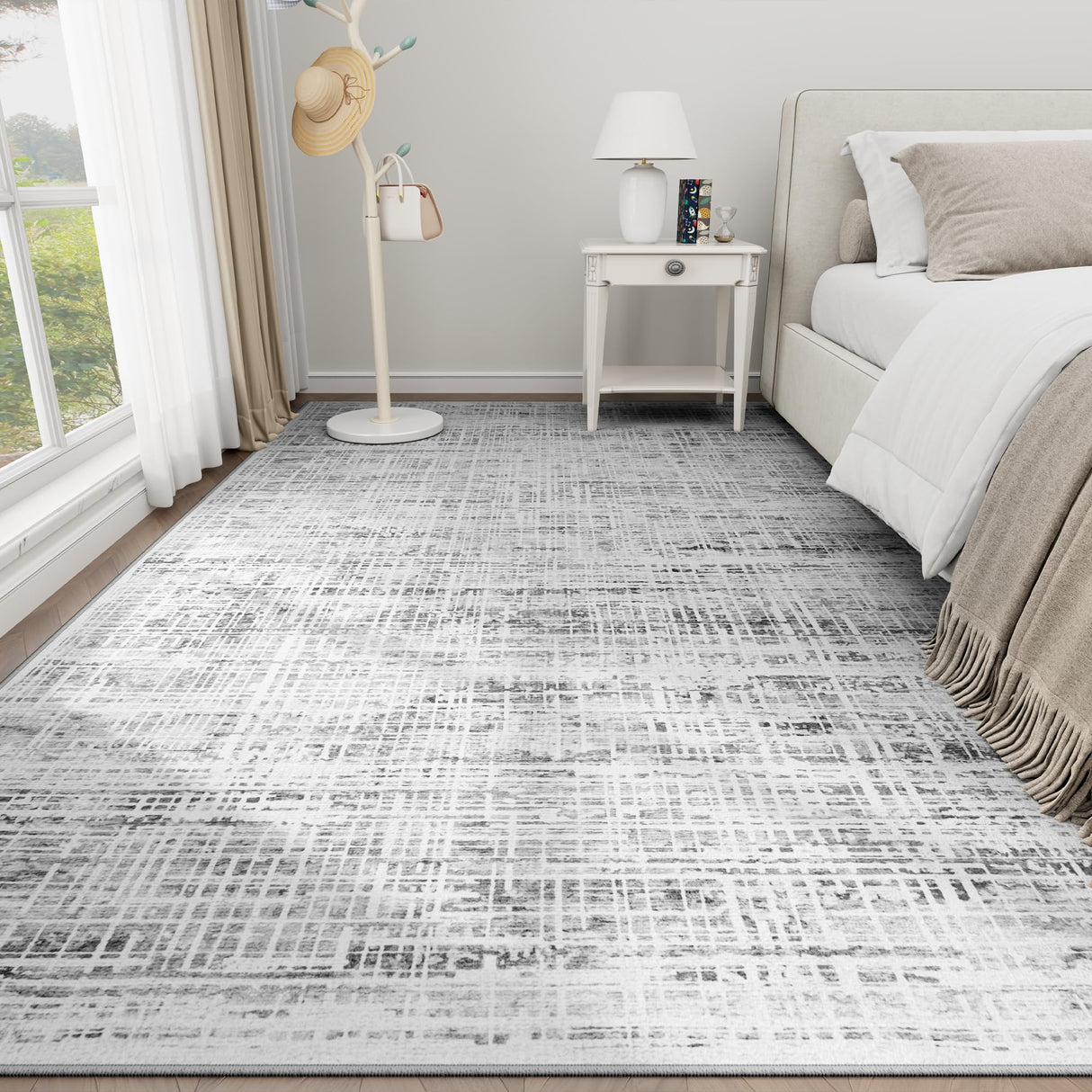 8x10 Area Rugs Washable Rug: Anti-Skid Abstract Modern Living Room Rug Soft Thin Carpets Indoor Floor Non-Shedding Carpet for Bedroom Dining Farmhouse Nursery Home Office (White Gray, 8'x10') Crority