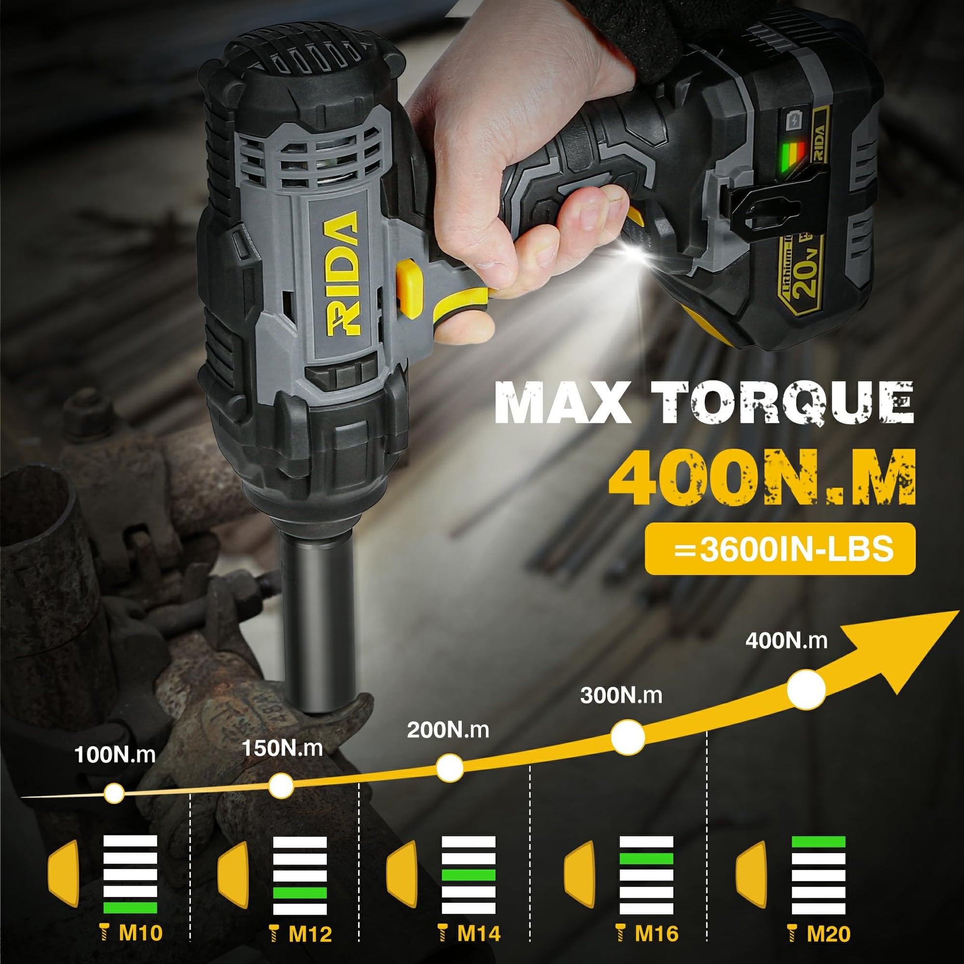 RIDA Cordless Impact Wrench, 1/2 POWER Impact Gun w/ 5 Torque Options Max 300 Ft-lbs (400N.m) Power w/ 4.0Ah Li-ion Battery & 1 Hour Fast Charger, 4 Sockets, Electric Impact Wrench for Car Ho - WoodArtSupply