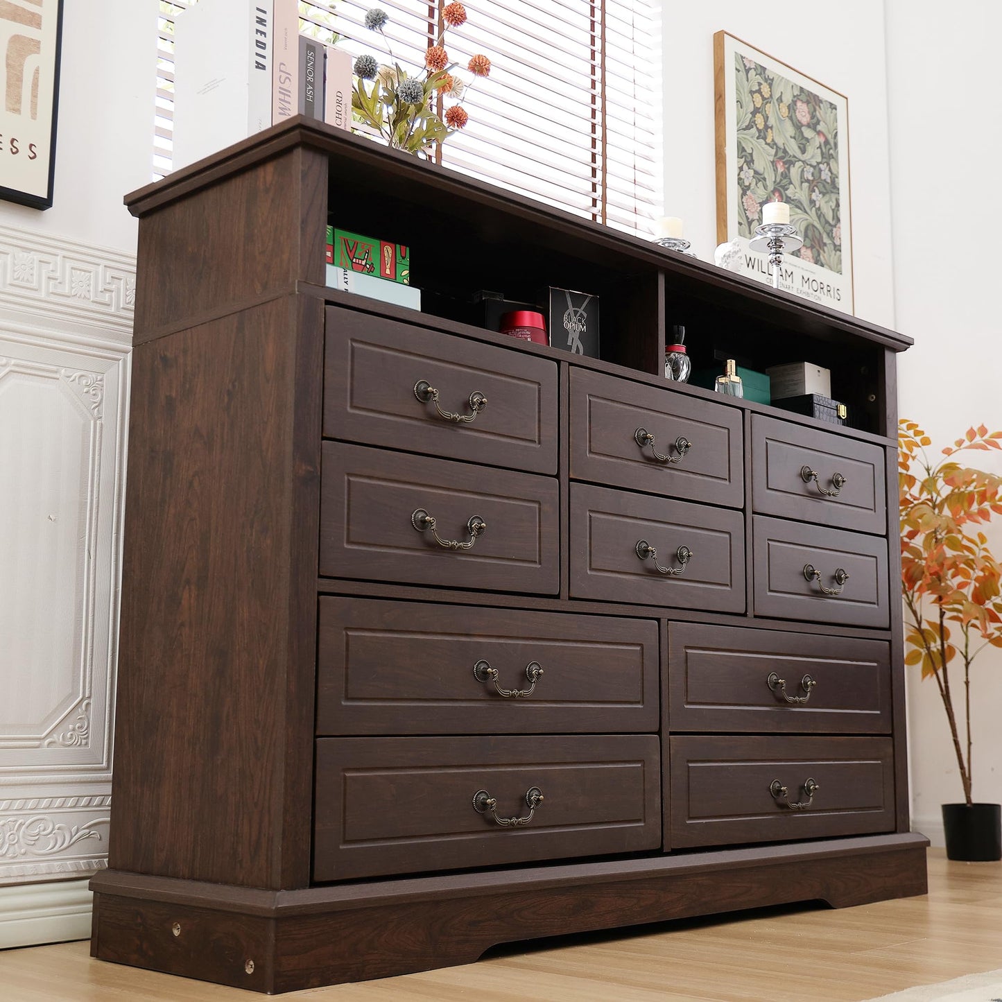 EnHomee Farmhouse Dresser for Bedroom 55.2''Wide Wood Dresser with LED & Power Outlet Vintage 10 Drawers Dressers & Chests of Drawers Long Dresser TV Stand, Closet, Entryway, Rustic Brown - WoodArtSupply