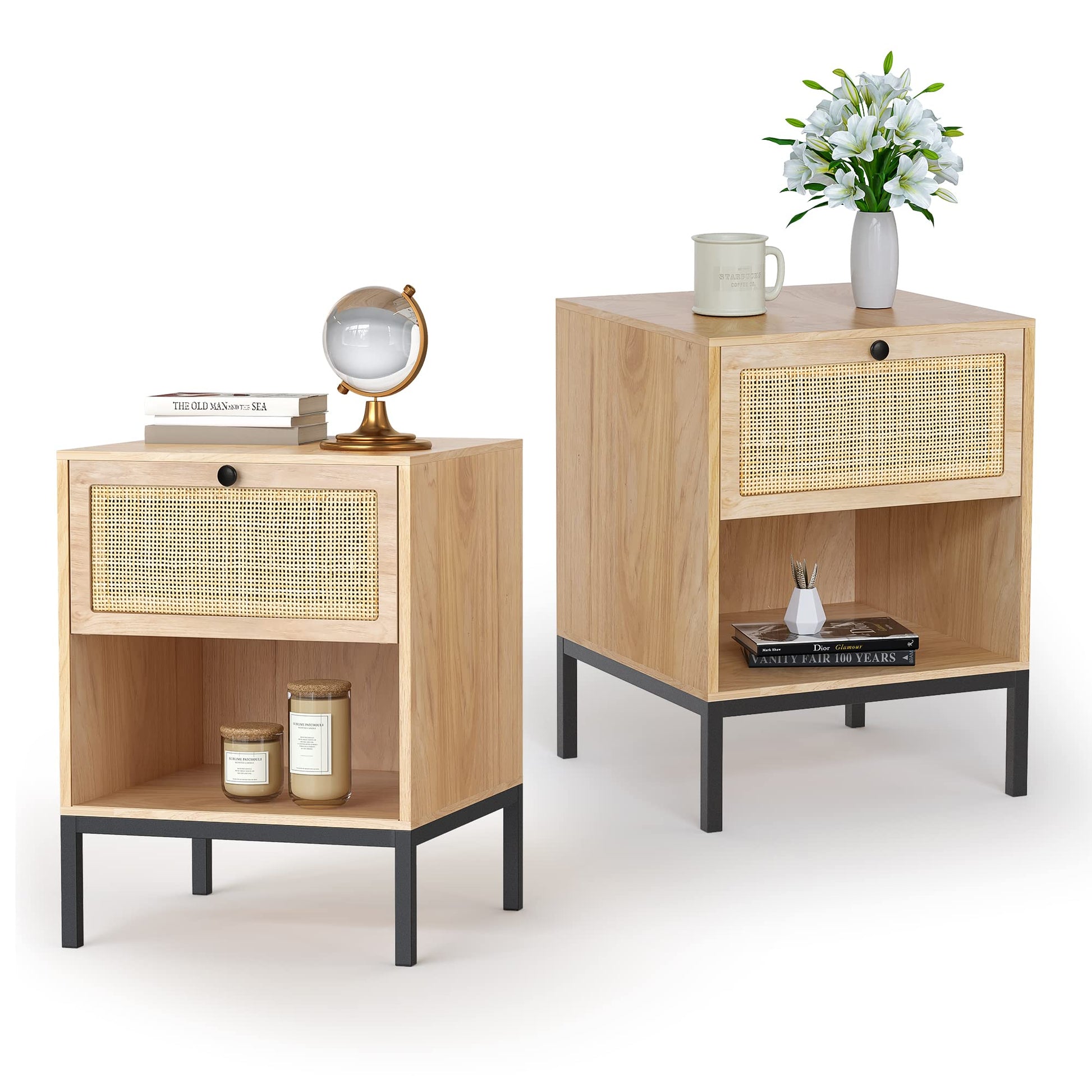 Rattan Nightstand Set of 2, End Table, Bedside Table, Rattan Side Table with Handmade Natural Rattan Decorative Door, Accent Table, Modern Nightstand for Bedroom, Living Room - WoodArtSupply