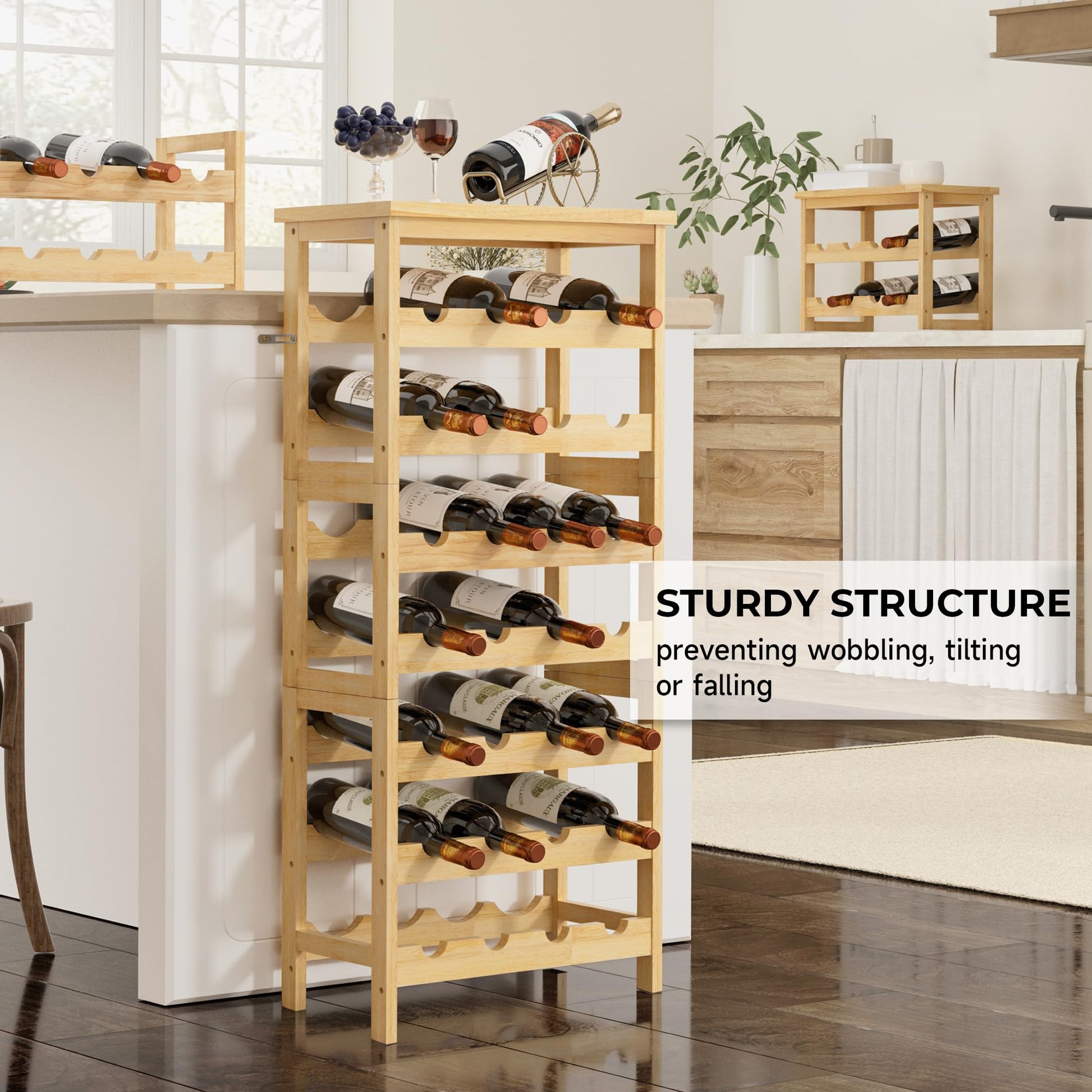 28-Bottle Wine Rack Free Standing Floor, Solid Wood 7-Tier Display Wine Storage Shelves with Tabletop, Wobble-Free Bottle Holder for Cellar Kitchen - WoodArtSupply