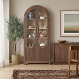 win2win Tall Arched Cabinet with Glass Doors, 68.9" Pantry Storage Cabinets with Fluted Doors & Adjustable Shelves, Mid Century Modern Wood Display Bookcase for Kitchen, Living Room, Bathroom, Walnut win2win