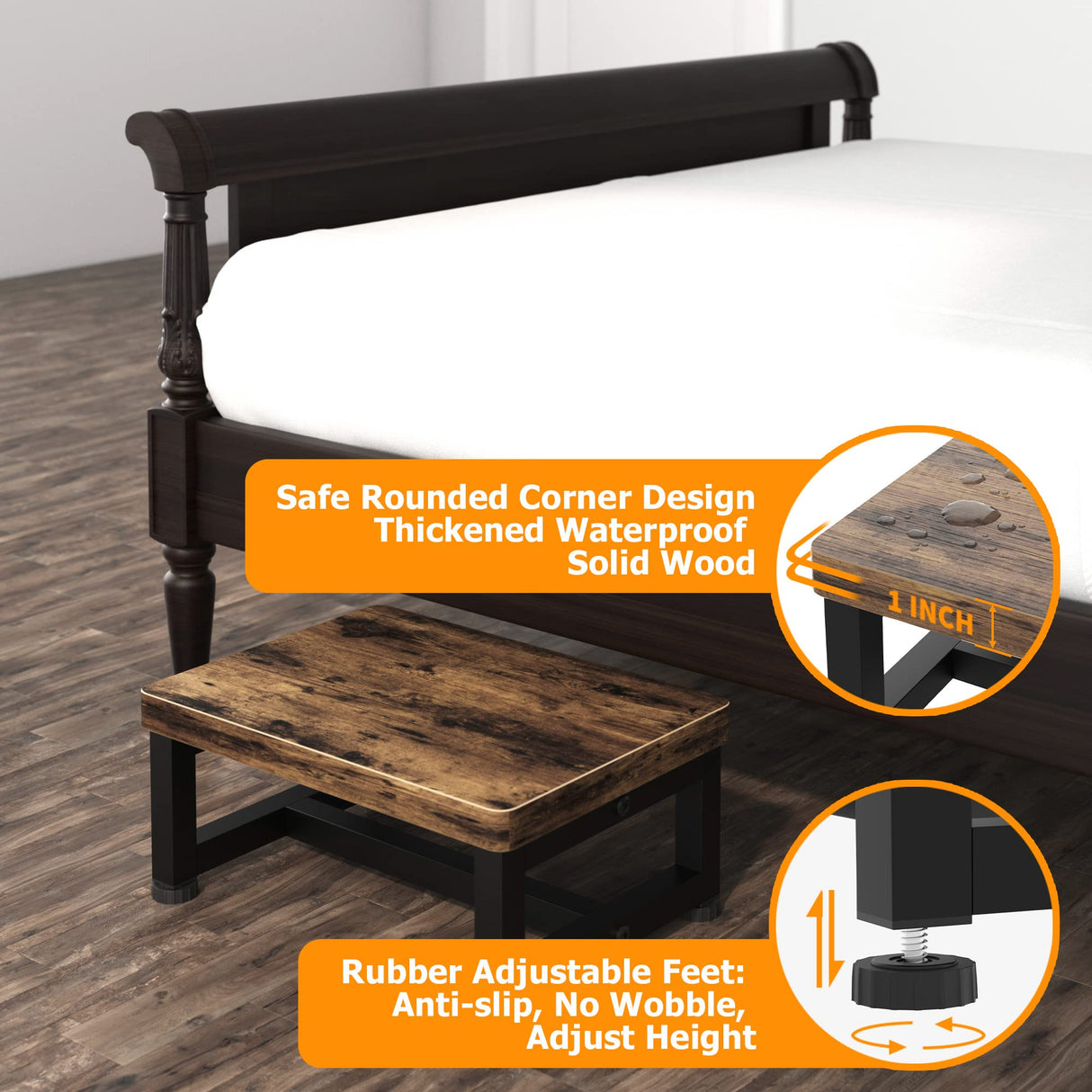 Wooden Step Stools for Adults Kids with Non-Slip Rubber Feet, Heavy Duty Stepping Stools with 500-LBS Capacity for Bedroom Kitchen Bathroom, Bed Steps for High Beds, Easy to Assemble, Rustic Brown FYGUES