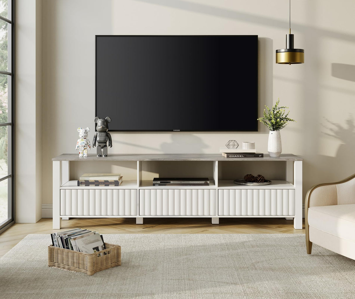 WAMPAT White TV Stand with Storage for 75 Inch TV, Modern TV Console Table for 65+ Inch TV, Entertainment Center with LED Light, Television Stands for Living Room Bedroom, 70 Inch WAMPAT