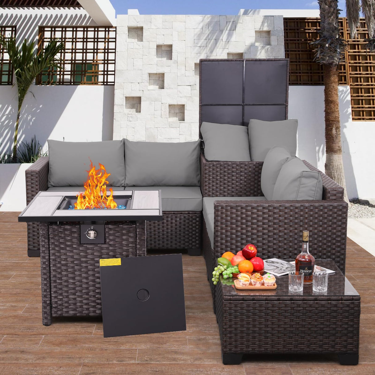 WAROOM 5 Pieces Patio Furniture Set PE Wicker Outdoor Brown Rattan Sectional Sofa Loveseat Couch Conversation Chair with Storage Bin Coffee Table and Propane Fire Pit, Anti-Slip Grey Cushion WAROOM