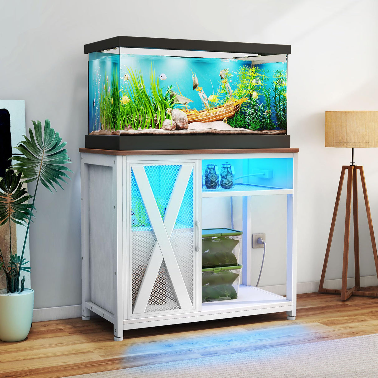 DWVO 40-50 Gallon Aquarium Stand with Power Outlets & LED Light, Cabinet for Fish Tank Accessories Storage - Metal Fish Tank Stand Suitable for Turtle Tank, Reptile Terrarium, 660LBS Capacity, White DWVO