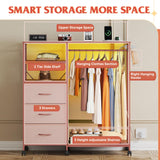 WLIVE Dresser for Bedroom with Clothes Rack, 3 Drawer Dresser with LED Lights & Charging Station, Fabric Dressers & Chest of Drawers, Storage Organizer with Open Shelves for Closet, Living Room, Pink WLIVE