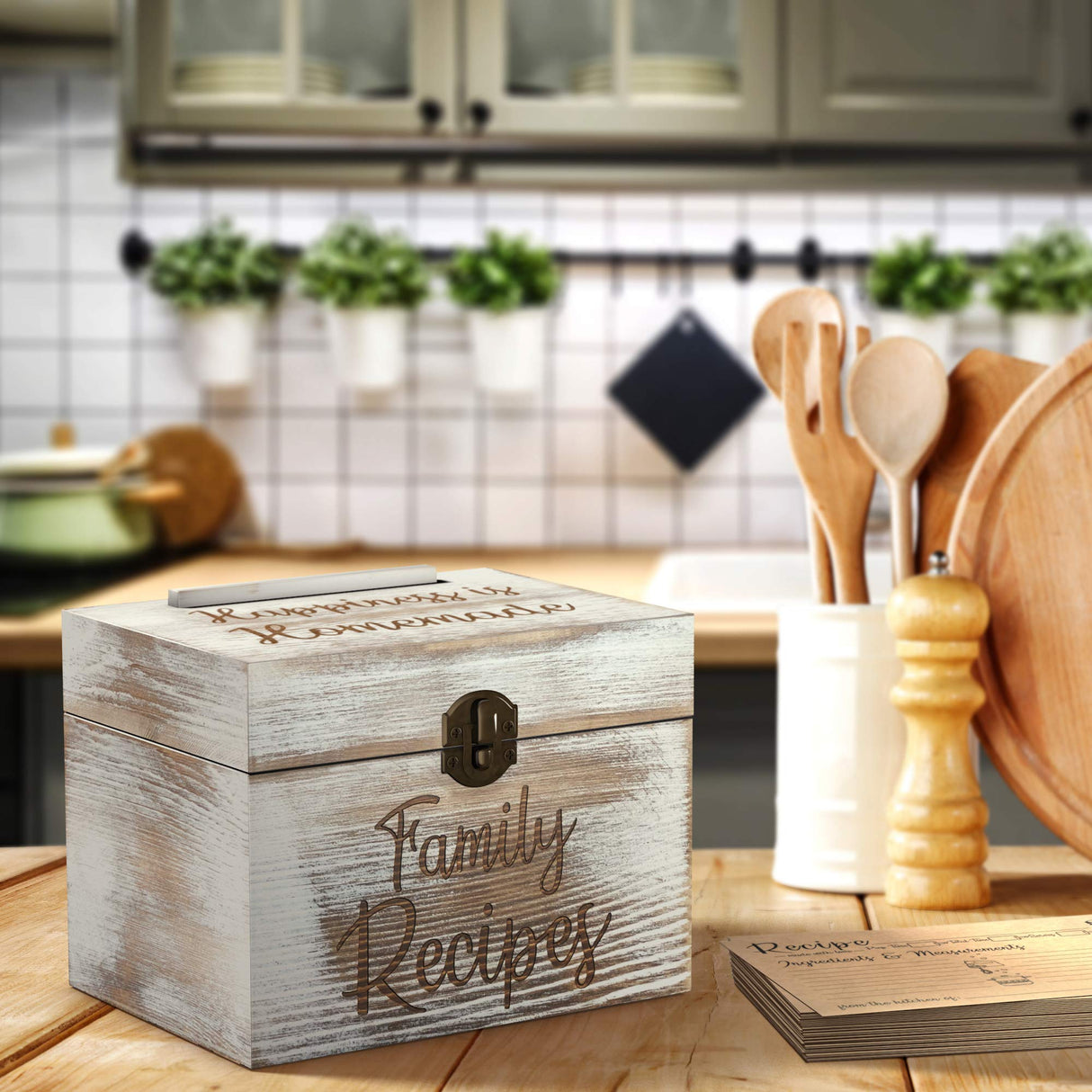 Wooden Recipe Box with Cards and Dividers - Includes 6 Wood Dividers - 50 Double Sided 4x6 Recipe Cards - Premium Handcrafted Quality - Great Gift Idea - Wedding, Birthday, Anniversary, Mother's Day WIDBI