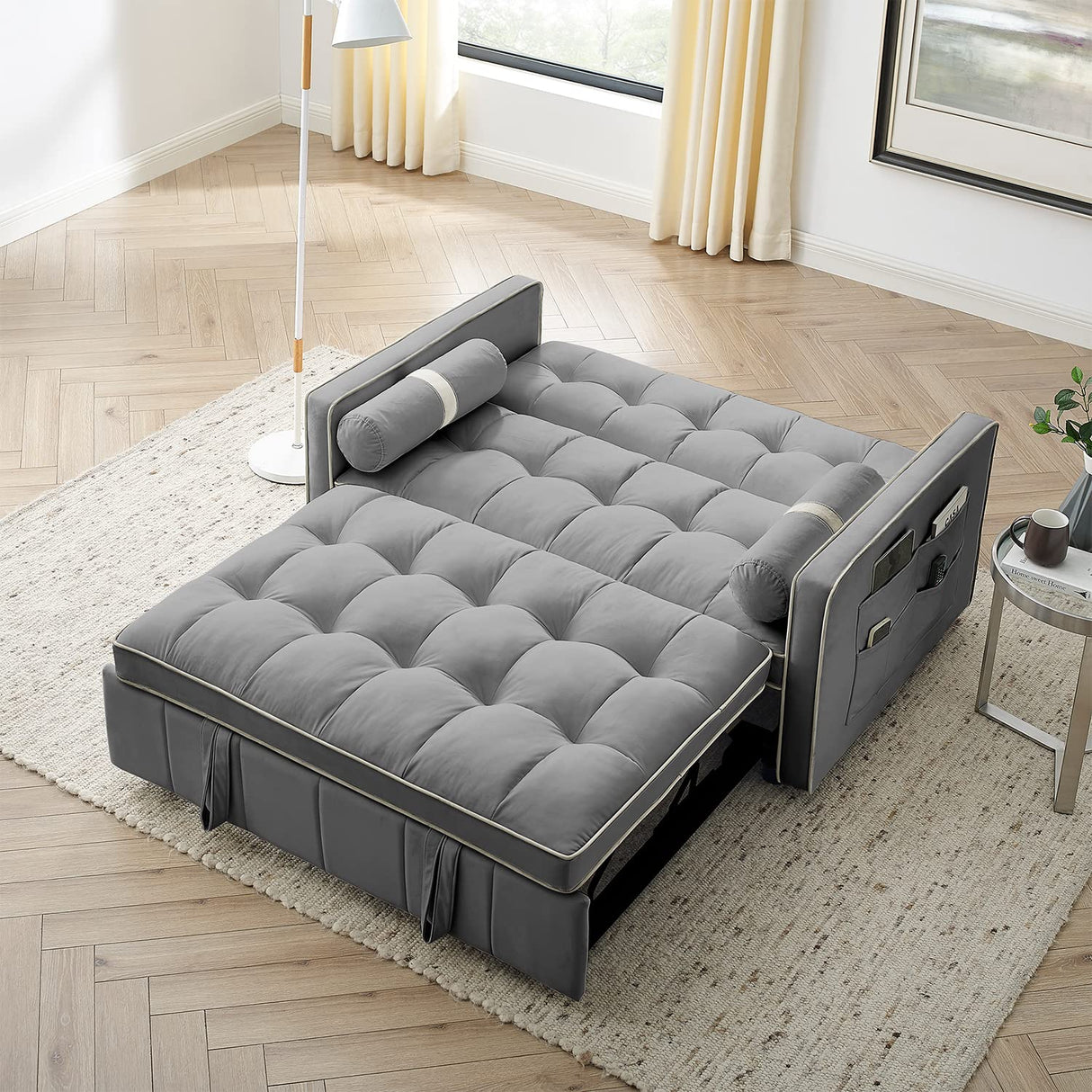 3 in 1 Sleeper Sofa Couch Bed, Small Tufted Velvet Convertible Loveseat Futon Sofa w/Pullout Bed, Adjustable Backrest, Cylinder Pillows for Living Room Apartment, Easy to Assemble, Grey, 55.5" Antetek