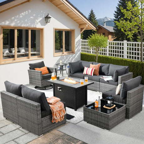 HOOOWOOO 10 Piece Patio Sectional Furniture Set with Fire Pit Table,Modern Wicker Outdoor Conversation Sofa Sets,Weather Resistant Modular L Shaped Outside Couch Swivel Chair Set(Black) HOOOWOOO