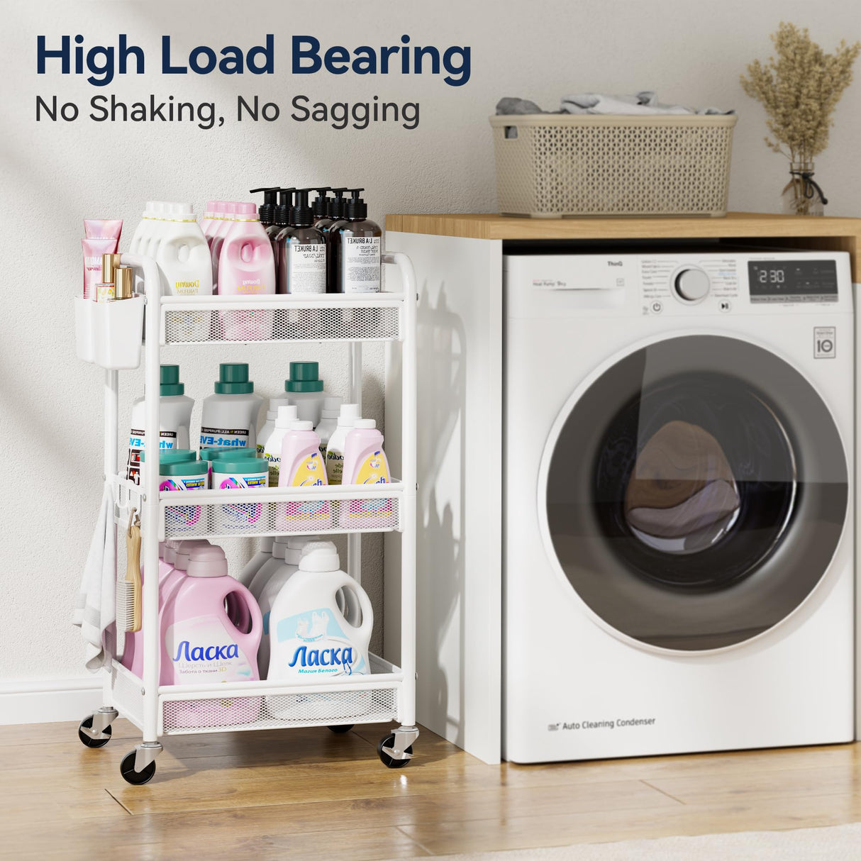 YASONIC 3 Tier Rolling Cart – Metal Utility Storage Cart with Wheels, Craft Carts Organizer with Hanging Cups, Hooks, Mesh Basket for Bedside Kitchen Office Art, White YASONIC