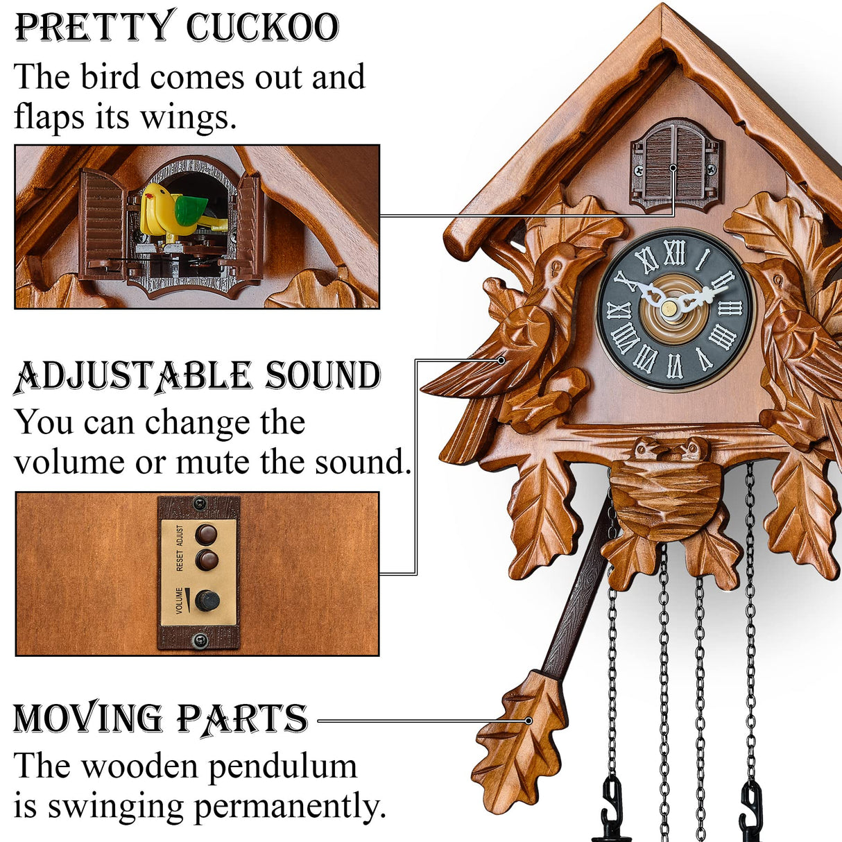 TIMEGEAR Cuckoo Clock with Night Mode, Singing Bird, Wooden Decorations and Swinging Pendulum (Brown) TIMEGEAR