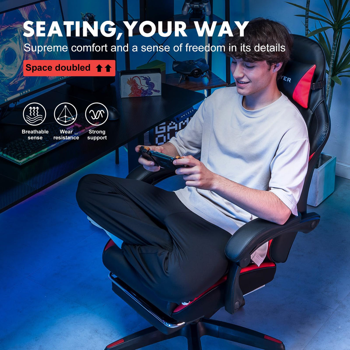 GTPLAYER Gaming Chair, High Back Leather Computer Gaming Chair with Footrest, Ergonomic Height Adjustable Office Chair with Removable Cover and Lumbar Support for Gaming and Work (Red) GTPLAYER