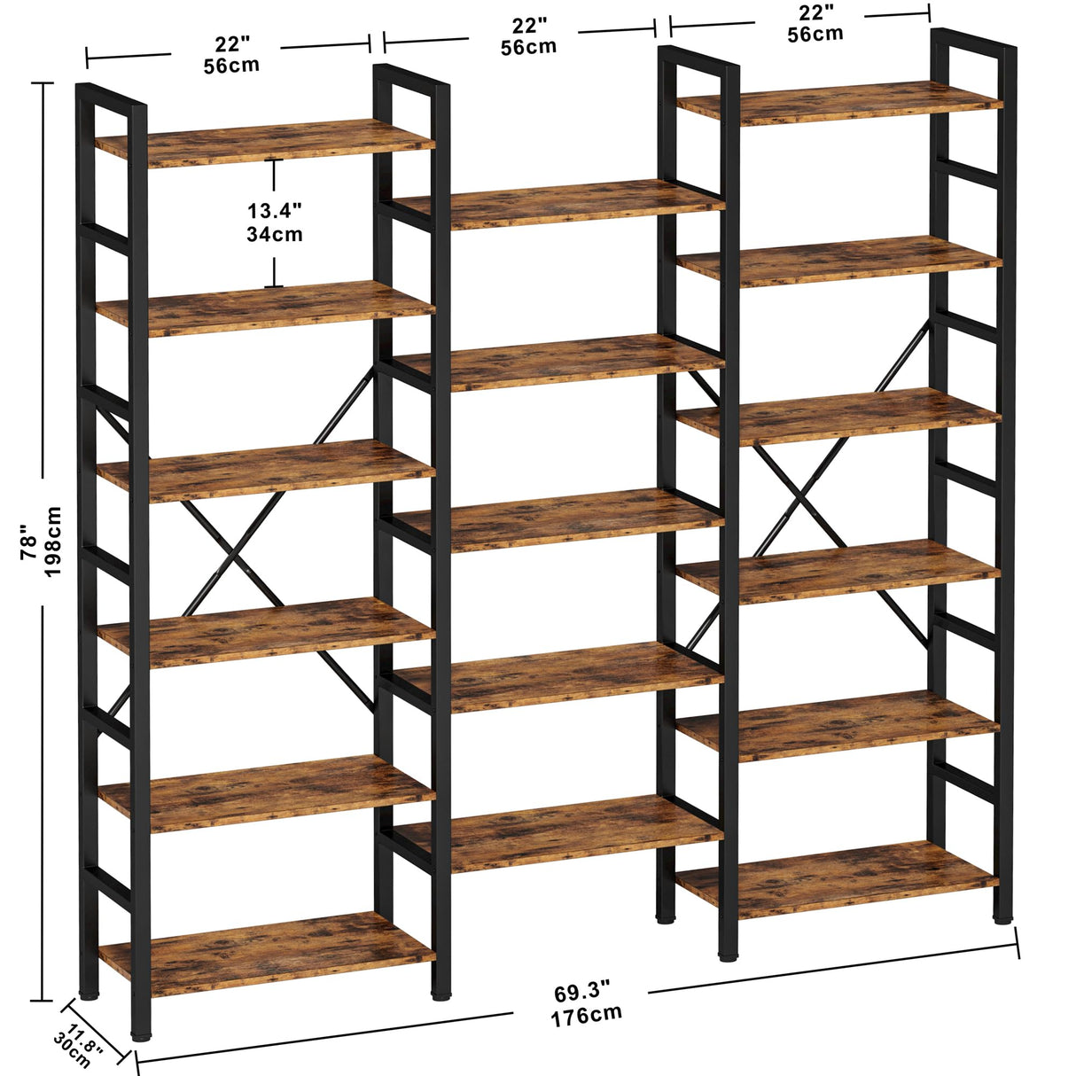 IRONCK Bookshelves 6 Tiers Triple Wide Industrial Bookshelf, Large Etagere Bookshelf Open Display Shelves with Metal Frame for Living Room Bedroom Home Office IRONCK