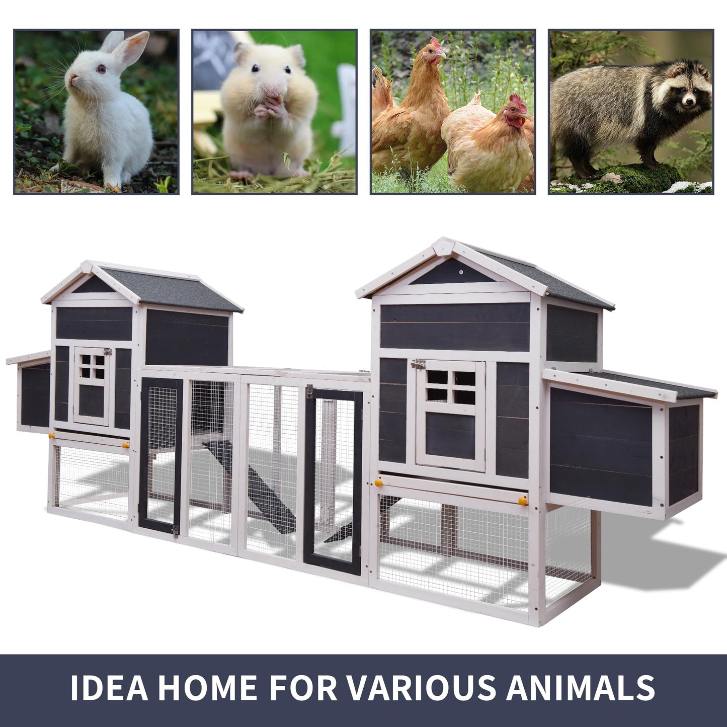 Fuhomtre Outdoor Wooden Chicken Coop with Ventilation Door Removable Tray Solid Wood Pet House Chicken Nesting Box for 6-8 Hens (124 x 27 x 46 in) White+Gray - WoodArtSupply