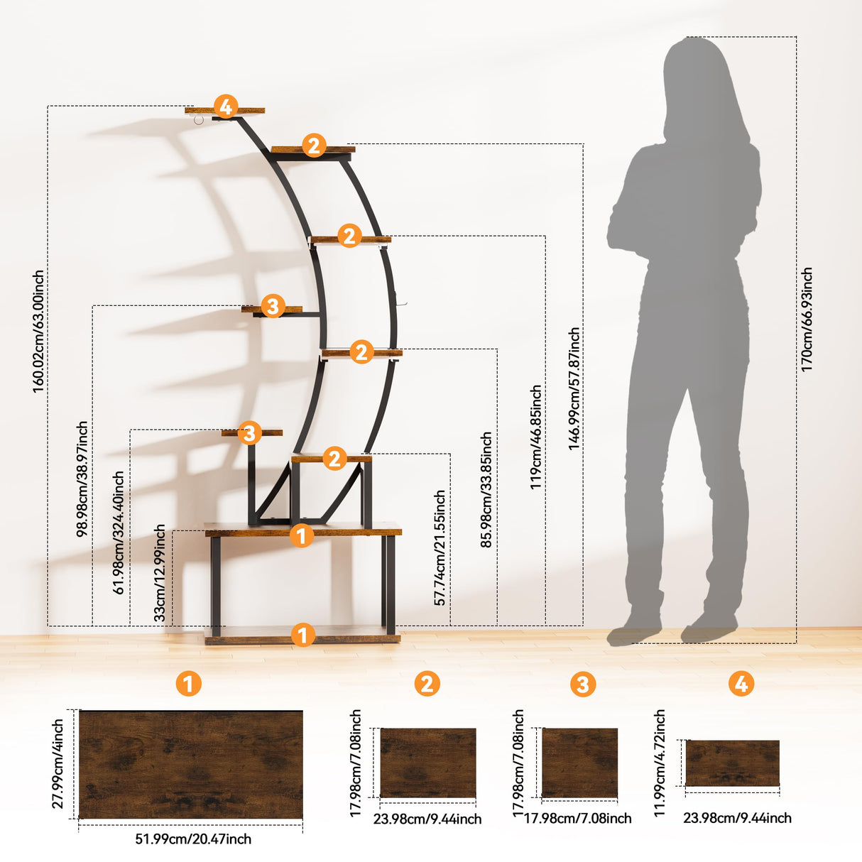 BECOKOME Bookshelf with Lights - 63" Tall Unique Bookshelves, 9-Tier Book Shelf for Collectibles, Black Display Shelf with Light, Half-Moon Ladder Book Stands for Bedroom Living Room, Rustic Brown BECOKOME