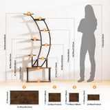 BECOKOME Bookshelf with Lights - 63" Tall Unique Bookshelves, 9-Tier Book Shelf for Collectibles, Black Display Shelf with Light, Half-Moon Ladder Book Stands for Bedroom Living Room, Rustic Brown BECOKOME