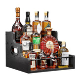 KLM Liquor Bottle Display Shelf, Coffee Syrup Rack Organizer, 3 Step Countertop Liquor Wine Rack, Mini bar,Liquor Cabinet, Home Retro Bar Shelf Stand for Liquor Whiskey, Spirits（Black） KLM