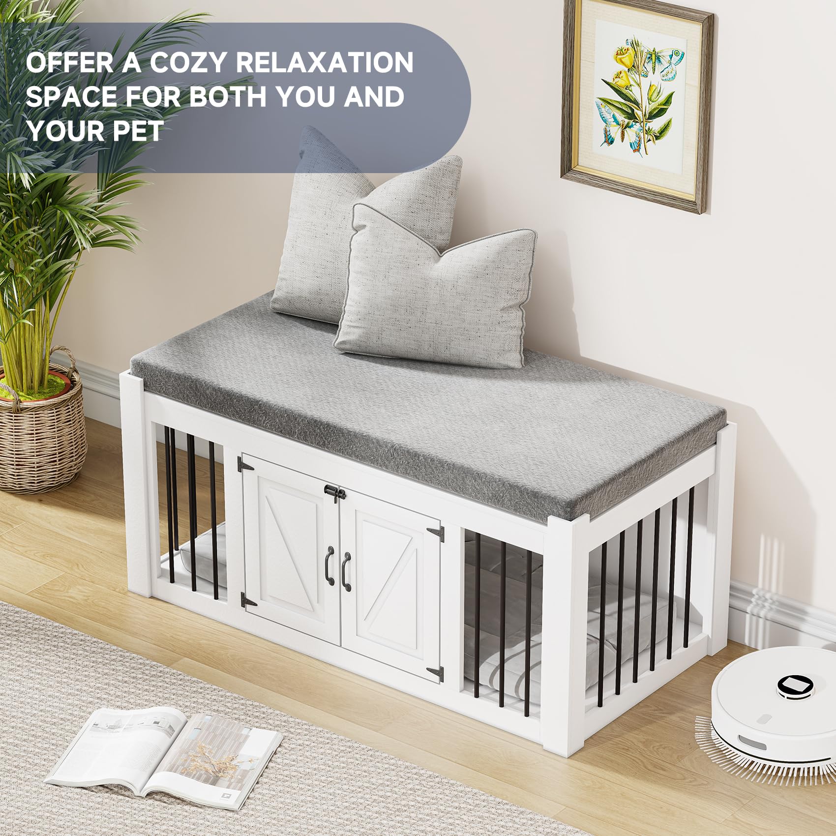 Faceket Indoor Dog Crate Furniture with Padded Seat, Wooden Dog Kennel, End of Bed Bench Ottoman with Removable Cushion, 47.2" L x 23.6" W x 22.4" H，White - WoodArtSupply