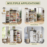 50" Kitchen Pantry Farmhouse Storage Cabinets - Led Food Cabinets Cupboards with 2 Barn Doors and Shelves Adjustable for Small Space in Dinning or Living Room, in Distressed White Furnaza