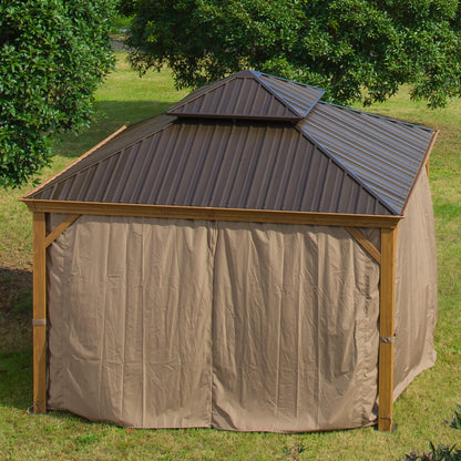 Domi 10'x12' Outdoor Hardtop Gazebo Permanent Canopy with Galvanized Steel Roof,Aluminum Frame,Curtains and Netting,for Patios,Backyard,Lawns(Wood Grain Coated) - WoodArtSupply