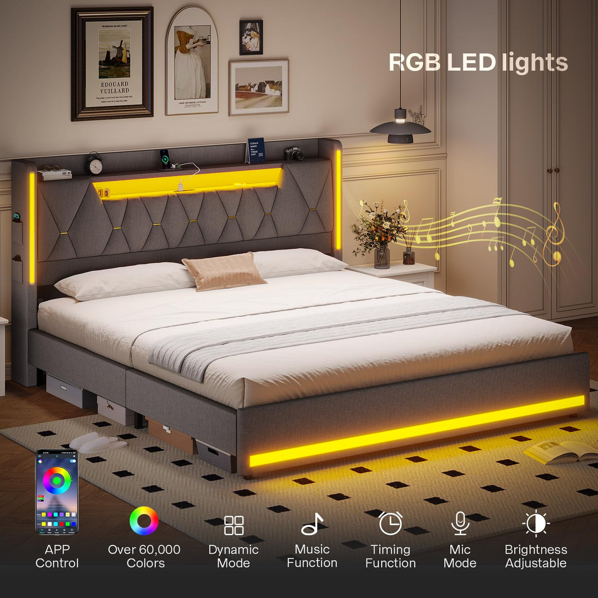 King Size Bed Frame with Storage, Platform Bed Frame King Size with LED Lights, King Bed Frame with Upholstered Headboard & Charging Station, No Box Spring Needed, Noise-Free, Easy Assembly, Gray Tagafi