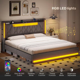 King Size Bed Frame with Storage, Platform Bed Frame King Size with LED Lights, King Bed Frame with Upholstered Headboard & Charging Station, No Box Spring Needed, Noise-Free, Easy Assembly, Gray Tagafi