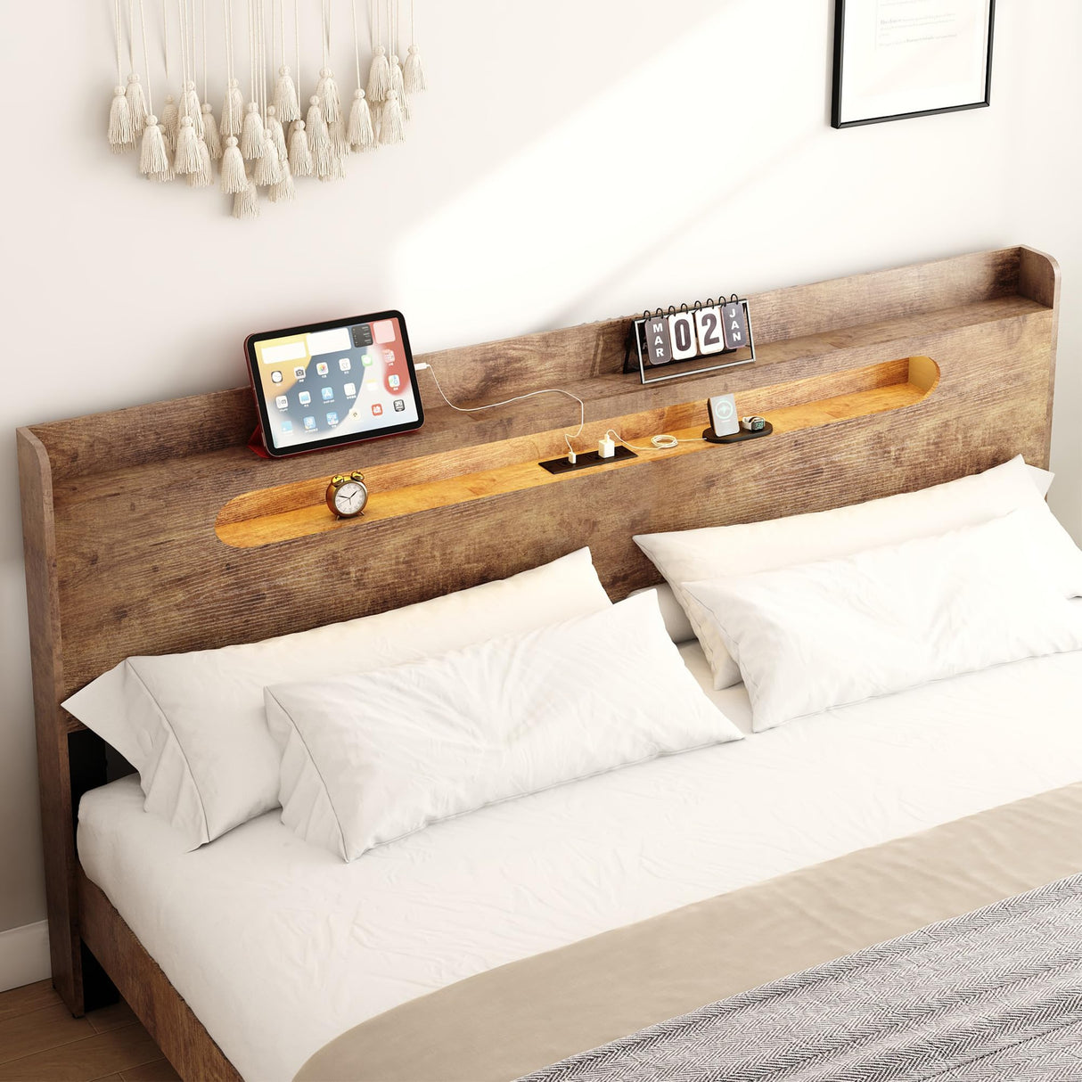 Decoholic King Size Wooden Bed Frame, Storage Headboard with Charging Station & Led Lights, Solid and Stable, Noise Free,Rustic Farmhouse Sturdy Framework Wood Bedframe, Easy Assembly Decoholic