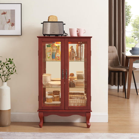 nifoti 43" H Lighted Curio Cabinet Display Case, Glass Curio Cabinet with Adjustable Shelves and Tempered Glass Door, Wooden Curio Cabinet w/Mirrored Back Pane for Living Room (Cherry) nifoti