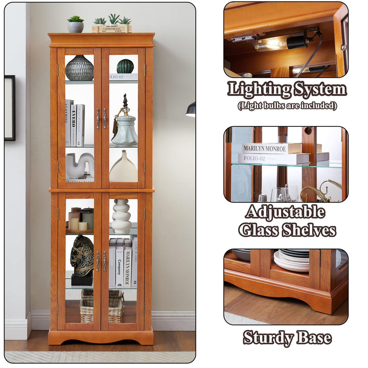 nifoti 70" H Lighted Curio Cabinet Display Case, Glass Curio Cabinets with Adjustable Shelves and Tempered Glass Door, Wooden Cabinet w/Mirrored Back Pane for Living Room (Oak) nifoti