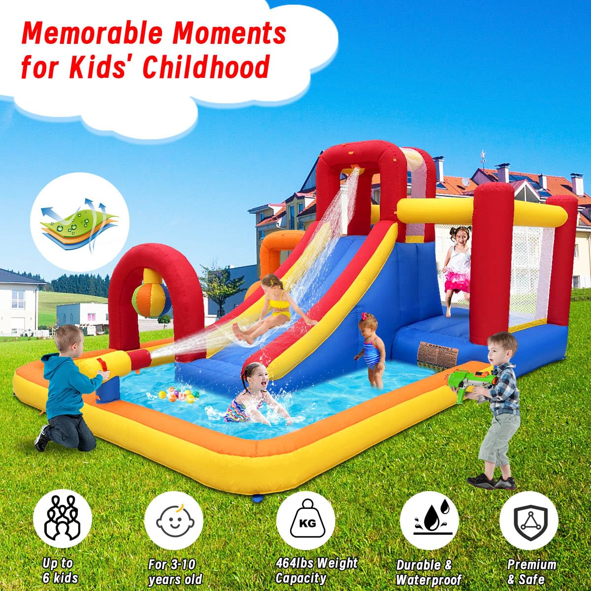 Hongcoral Inflatable Water Slide, 10 in 1 Water Park Bounce House with Blower, Splash Pool, 2 Slides, Water Cannon, Climbing Wall, Blow up Water Slides for Kids Outdoor Backyard Hongcoral