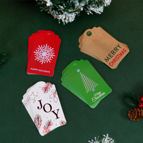 48 pcs Christmas Gift Tags for Presents, Elegant Kraft Name Tags with String for Holiday Personalizing Gift Wrapping(Red Joy, Green Christmas Tree) Luckonway