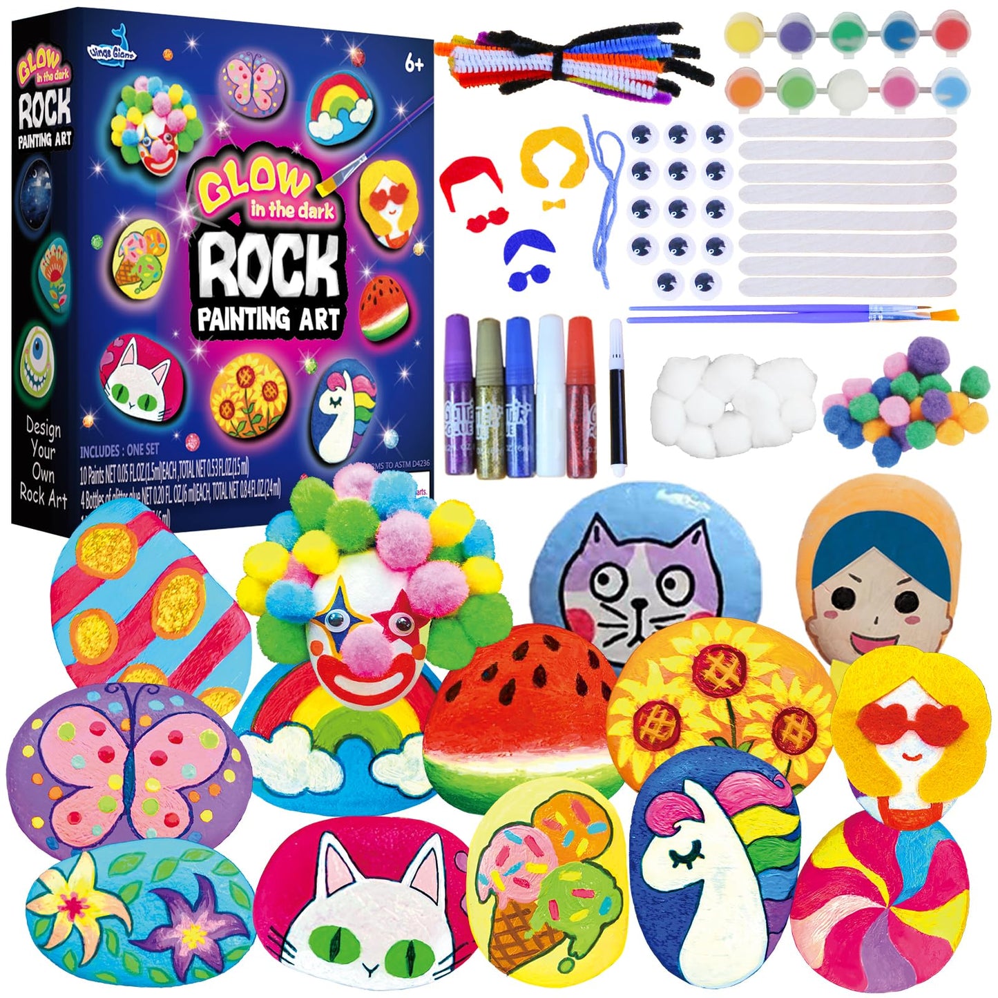 Wings Gaint Rock Painting Kit Glow in The Dark, Arts and Crafts for Kids Ages 6-12, Kids Painting Set,12 Painting Rocks for Kids, Crafts Kit for Boys Girls Gift, DIY Kids Activity - WoodArtSupply