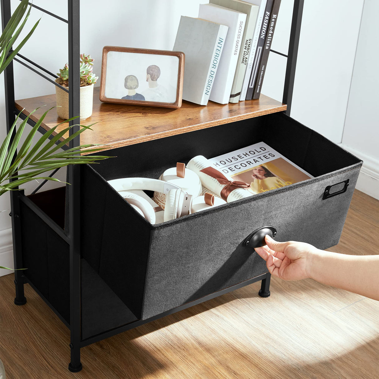 SONGMICS Nightstand, Industrial Bedside Table with 2 Fabric Drawers, Storage Shelves, Vertical Dresser Storage Tower with Wooden Top, Metal Frame, Labels, Rustic Brown and Black ULVT03H SONGMICS