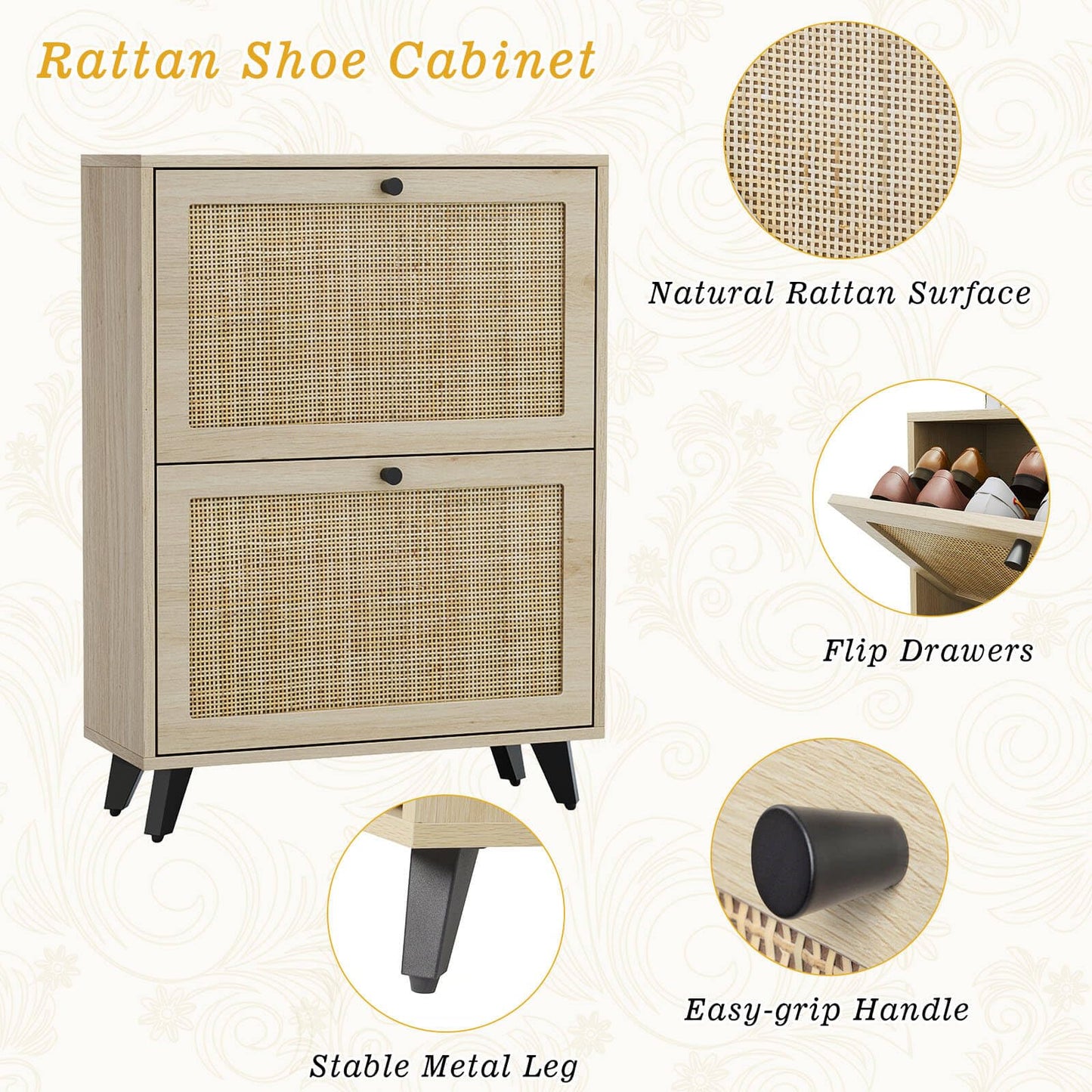 Angel Sar Rattan Shoe Cabinet for Entryway, Slim Shoe Storage Cabinet with 2 Flip Drawers, Hidden Shoe Organizer, Shoe Rack Cabinet with Metal Legs, Natural Wood