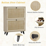 Angel Sar Rattan Shoe Cabinet for Entryway, Slim Shoe Storage Cabinet with 2 Flip Drawers, Hidden Shoe Organizer, Shoe Rack Cabinet with Metal Legs, Natural Wood Angel Sar