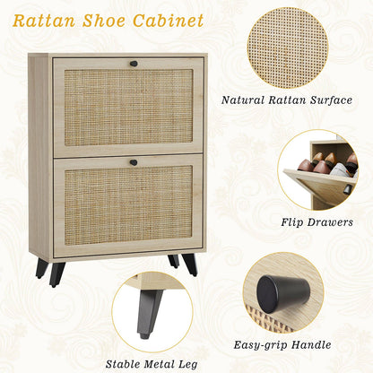 Angel Sar Rattan Shoe Cabinet for Entryway, Slim Shoe Storage Cabinet with 2 Flip Drawers, Hidden Shoe Organizer, Shoe Rack Cabinet with Metal Legs, Natural Wood