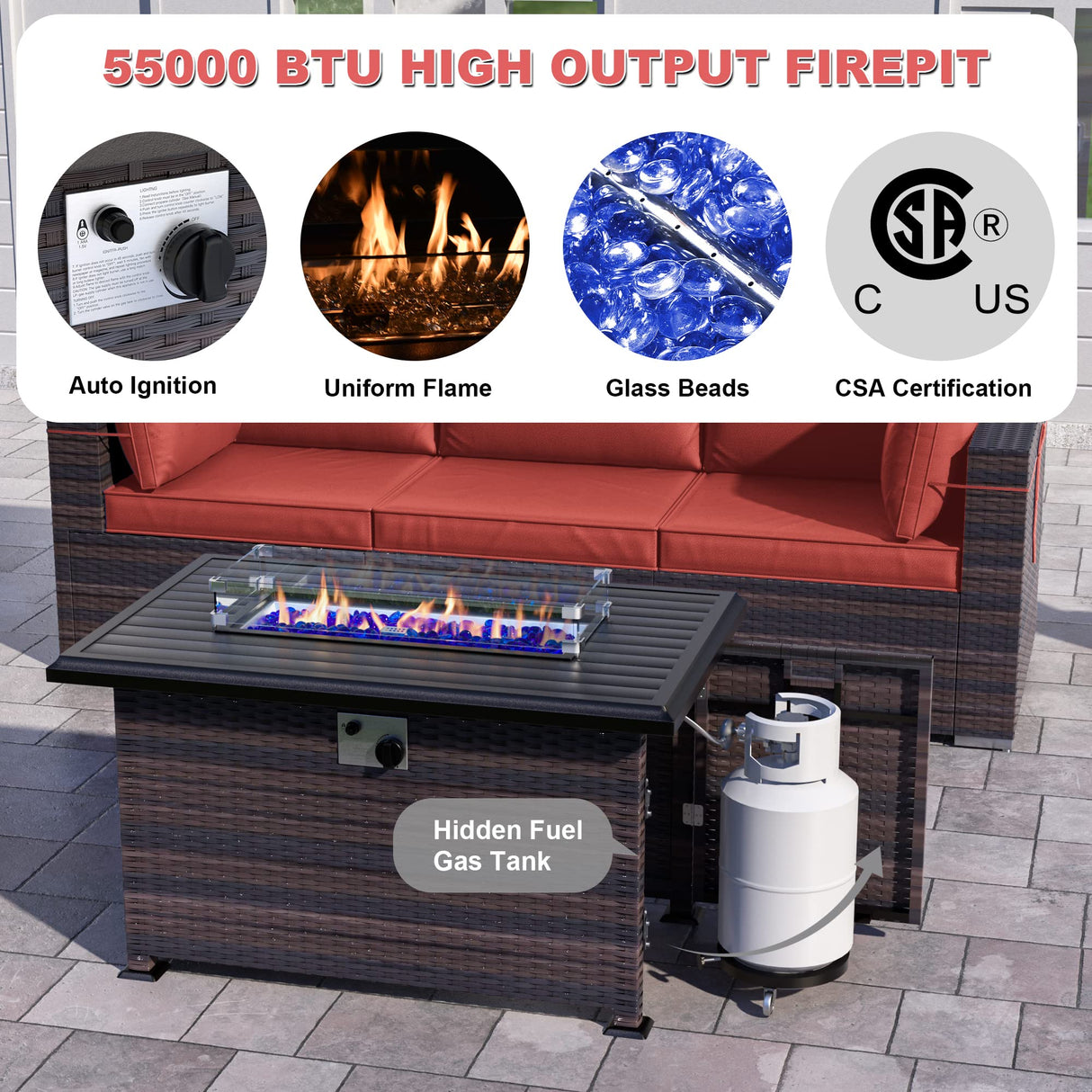 Kurapika 13 Pieces Patio Furniture Set, Rattan Wicker Outdoor Conversation Sets w/43in Propane Fire Pit Table, Swivel Rocking Chairs Patio Sectional Sofa w/4 Inch Cushion, Red Kurapika