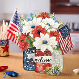 Spiareal 4th of July Welcome Door Decoration Farmhouse Patriotic Wooden Sign Rustic Independence Day Wood Wreaths Red White Blue Wall Decor American Flag Hanging Sign for Front Door Decorations Spiareal