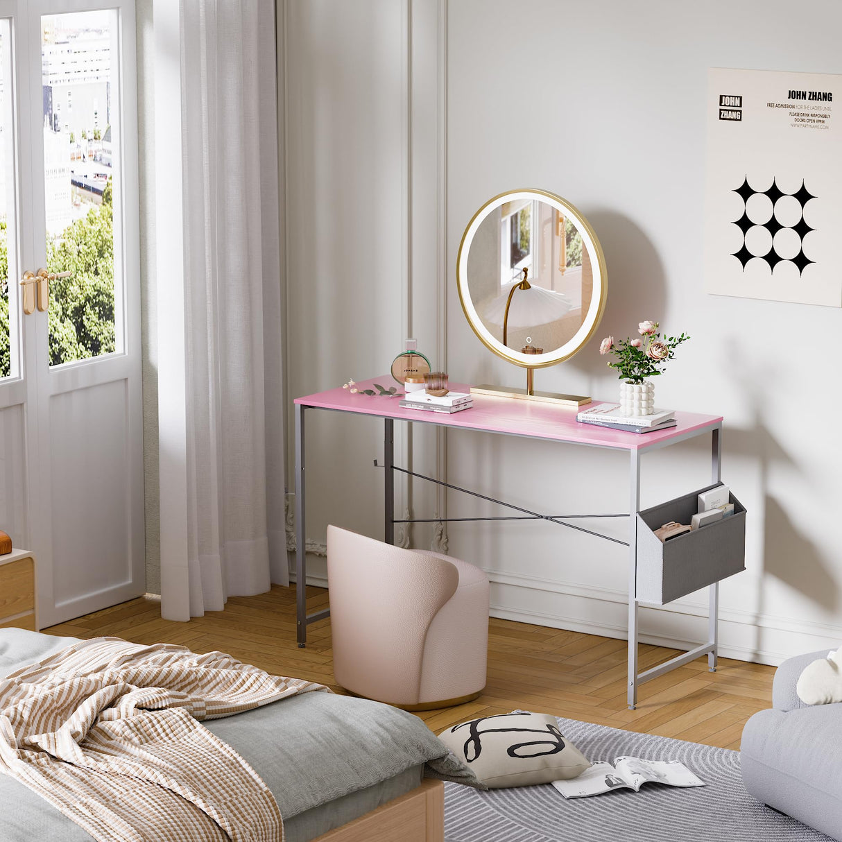 Pamray 47 Inch Computer Desk for Small Spaces with Storage Bag, Home Office Work Desk with Headphone Hook, Small Office Desk Study Writing Table Pamray