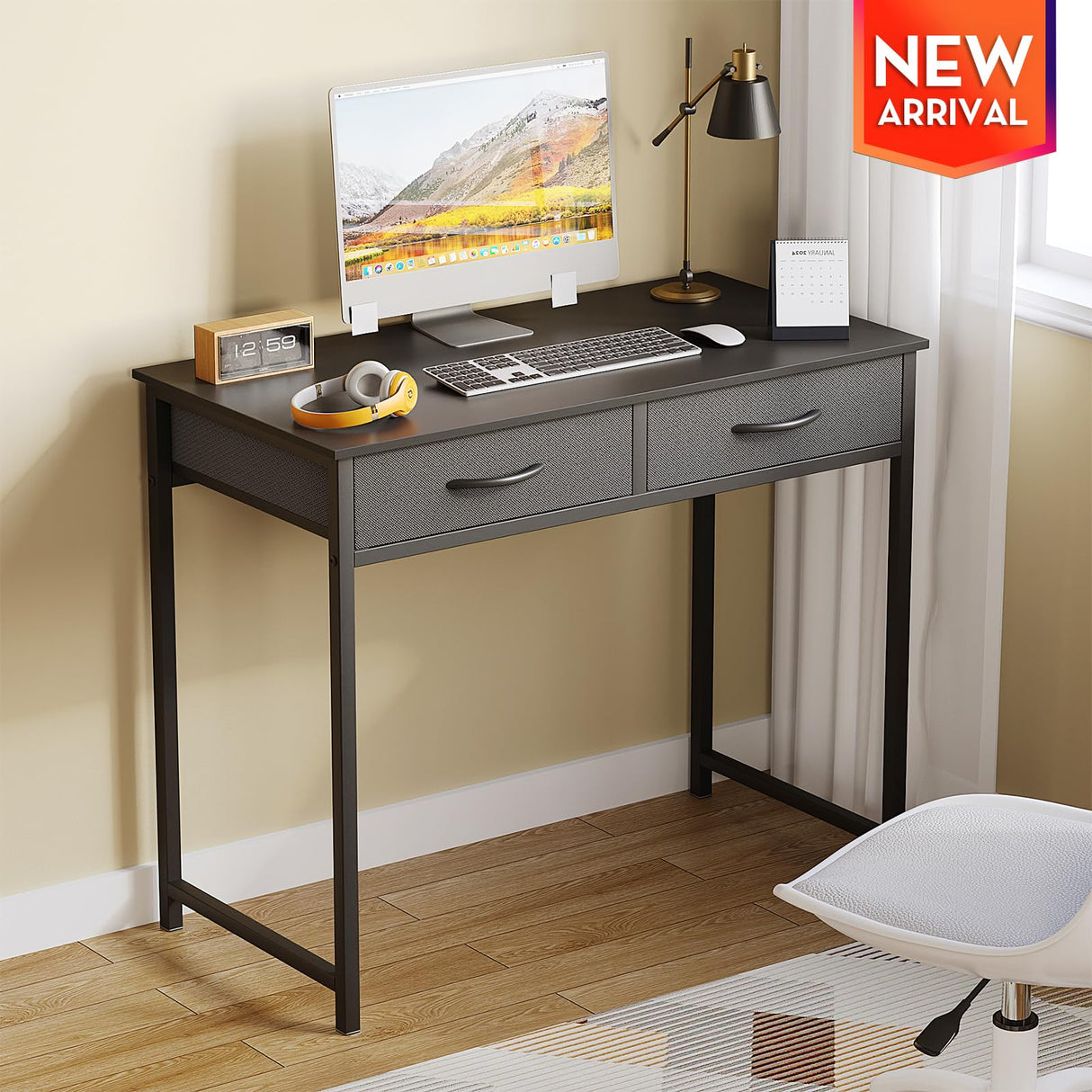 WOHOMO Small Computer Desk with Drawers, 31.5 Inch Black Vanity Desk with Storage, Home Office Computer Desk for Small Spaces, Modern Work Writing Study Table, Black WOHOMO