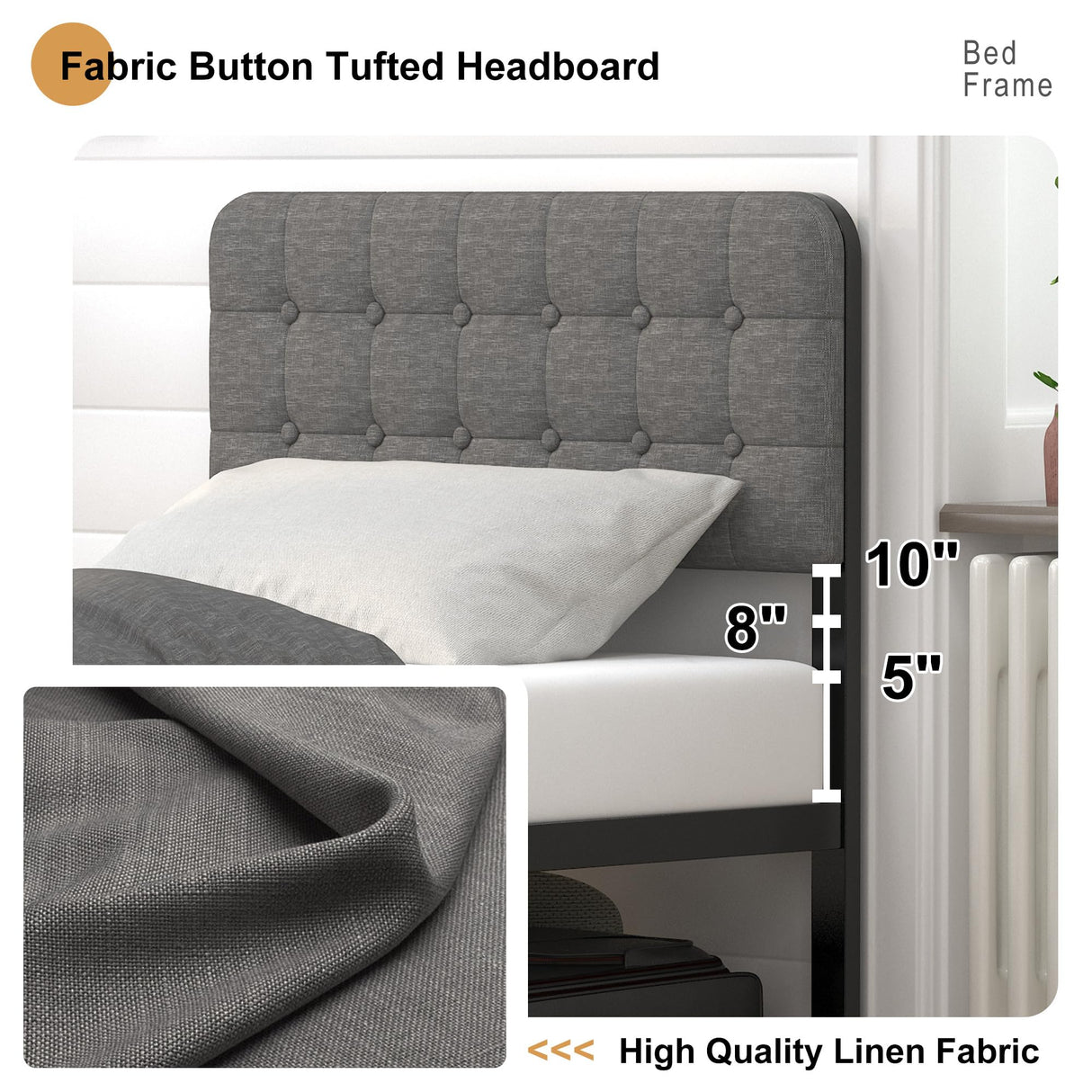 EMODA 16 Inch Twin Size Bed Frames with Upholstered Headboard and Metal Footboard, Heavy Duty Metal Slats Support Mattress Foundation, No Box Spring Needed, Easy Assembly EMODA