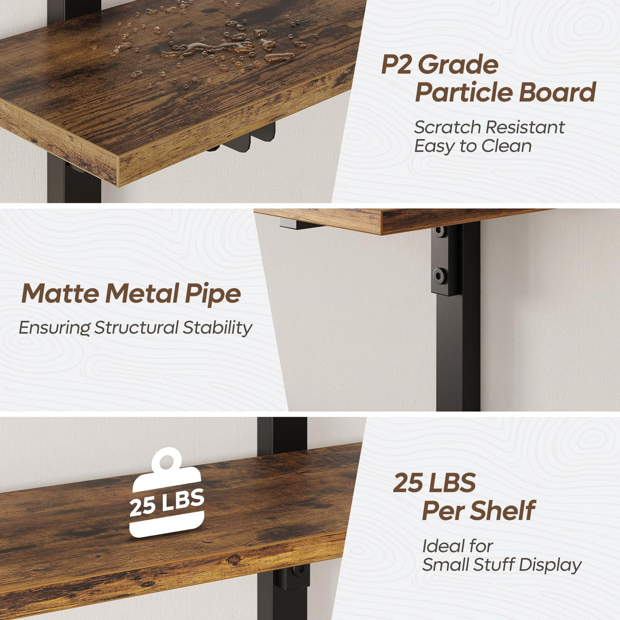 Bestier Floating Shelves for Wall, 24 inch Kitchen Shelves Wall Mounted, 3 Tier Coffee Bar Shelf with Foldable Brackets, Industrial Display Shelf for Bathroom, Living Room, Rustic Brown Bestier