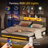 CSZZD King Size Upholstered Bed Frame with Storage Headboard, LED Lights, and Charging Station in Oak Gray CSZZD