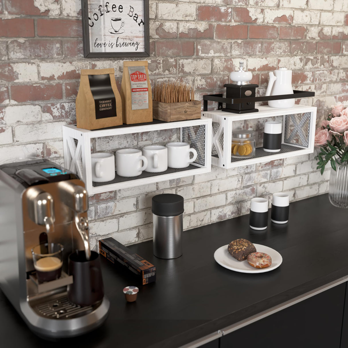 RICHER HOUSE Floating Shelves with Guardrail, Rustic Wood Shelves for Wall Décor, Farmhouse Bathroom Accessories Wall Mounted, Bathroom Wall Organizer over Toilet Storage, Kitchen, Living Room - White RICHER HOUSE