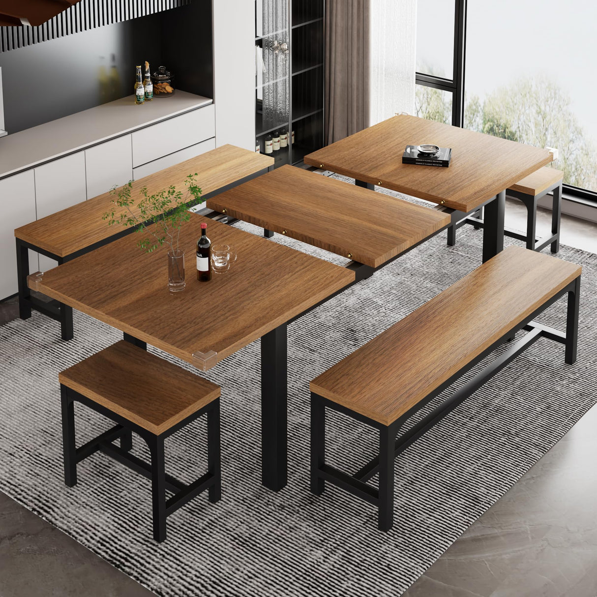 iPormis 5-Piece Dining Table Set for 4-8 People, Extendable Kitchen Table Set with 2 Benches and 2 Square Stools, Mid-Century Dining Room Table with Metal Frame & MDF Board, Saving Space, Walnut iPormis