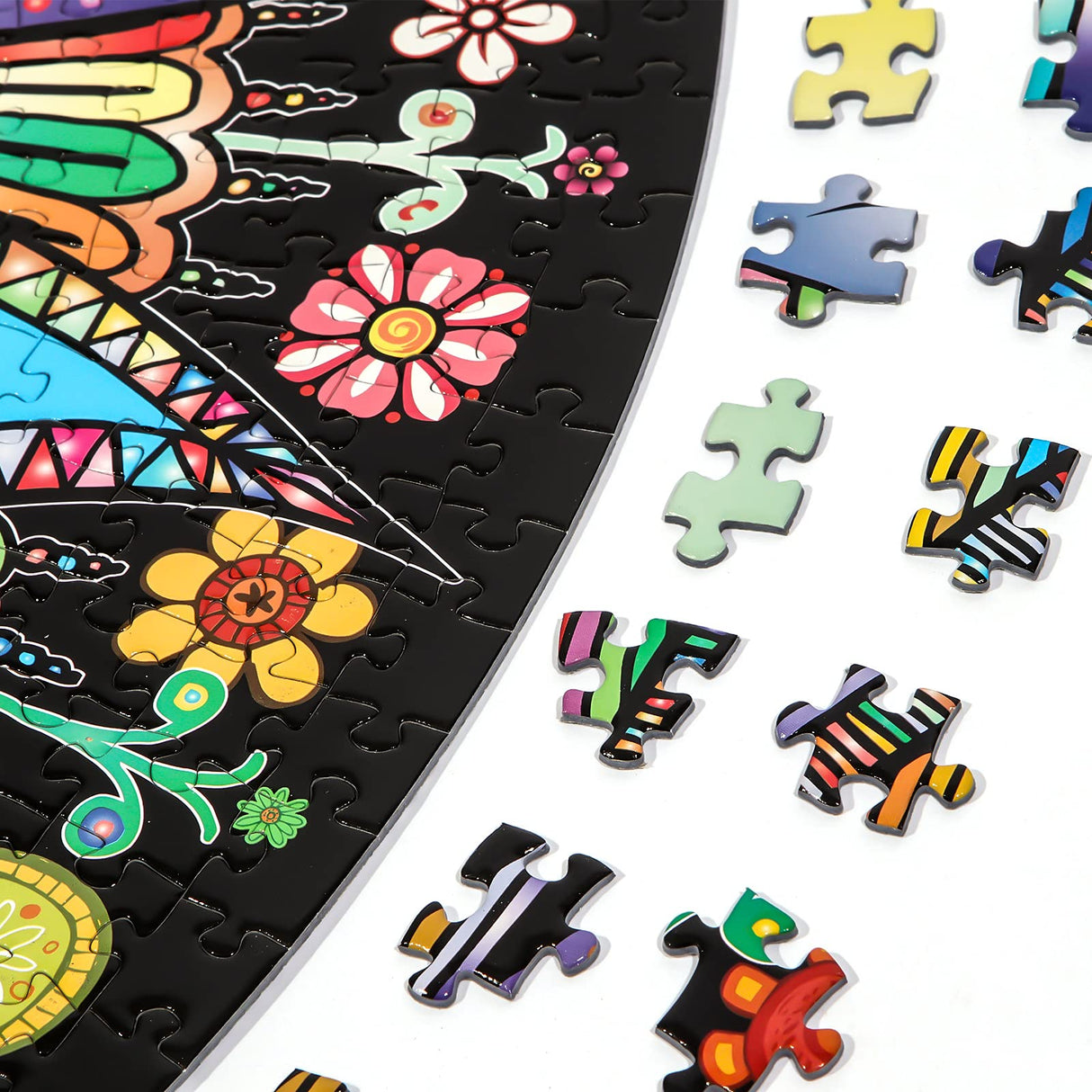 Bgraamiens Puzzle-Blooming Flowers-1000 Pieces Creative Geometric Round Blue Board Colorful Mandala Jigsaw Puzzle Bgraamiens