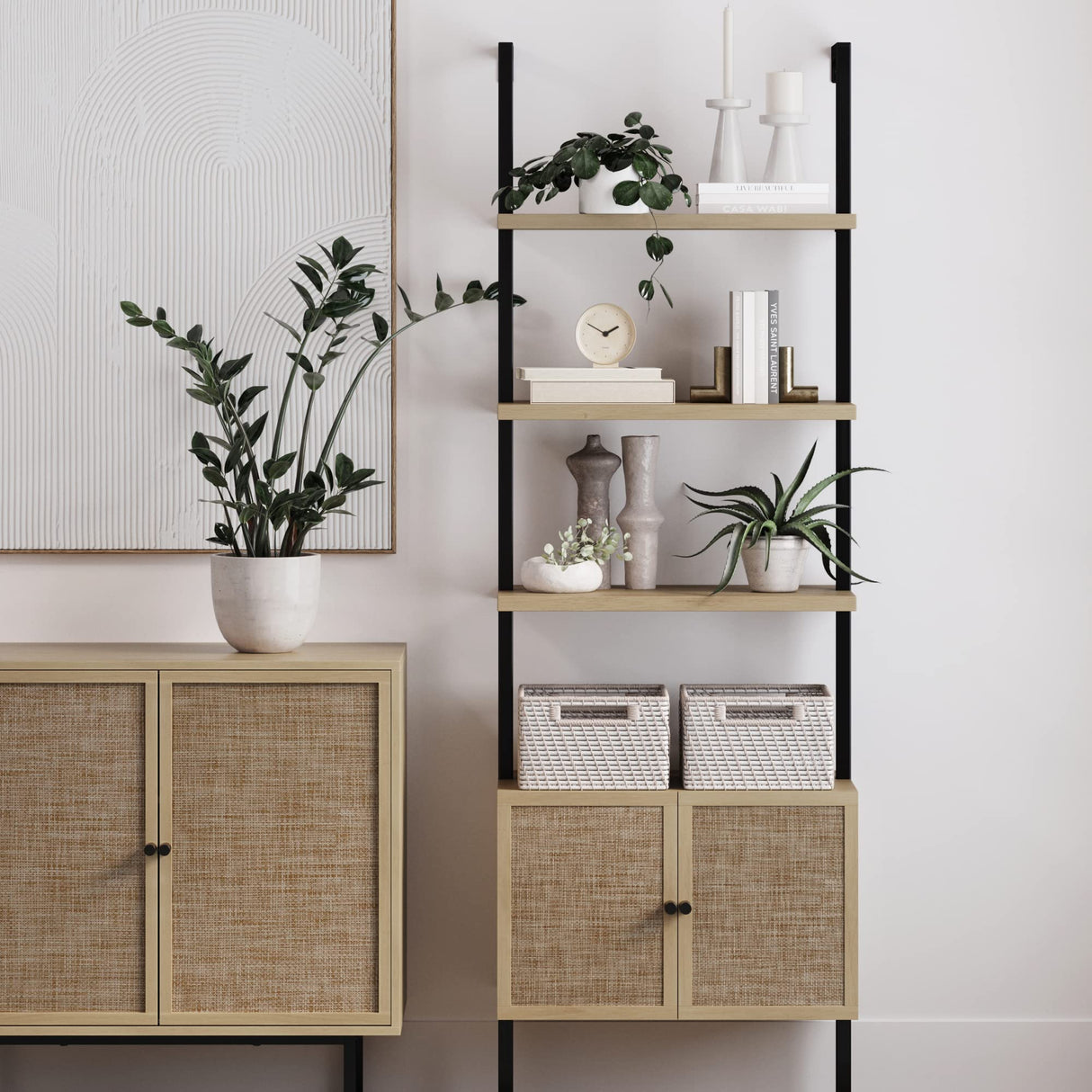 Nathan James Theo Ladder 3 tier Open Bookshelf with Rattan Drawers and Matte Steel Frame, Light Oak/Black Nathan James